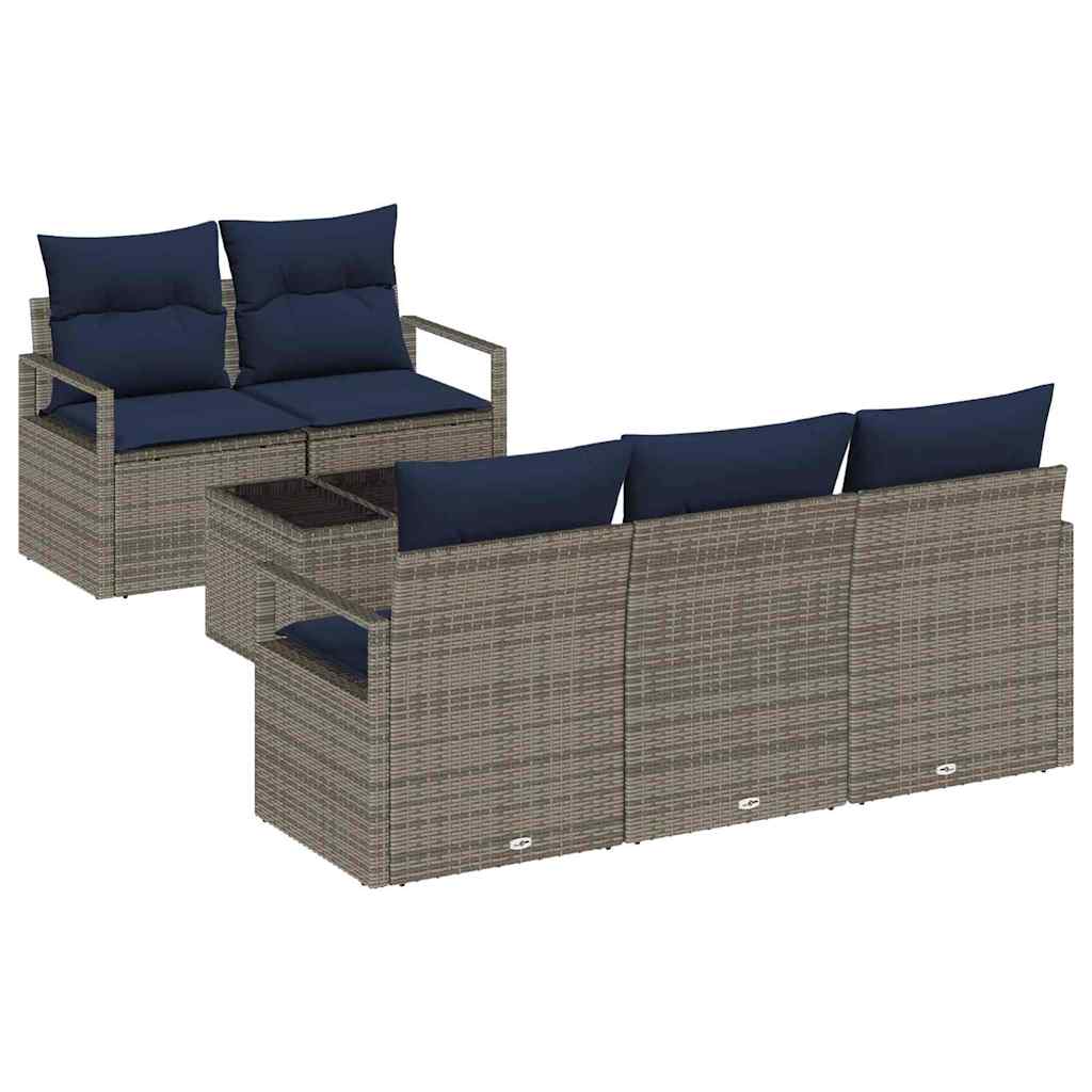 Sofa Set 6 pcs Grau und Marineblau Poly-Rattan