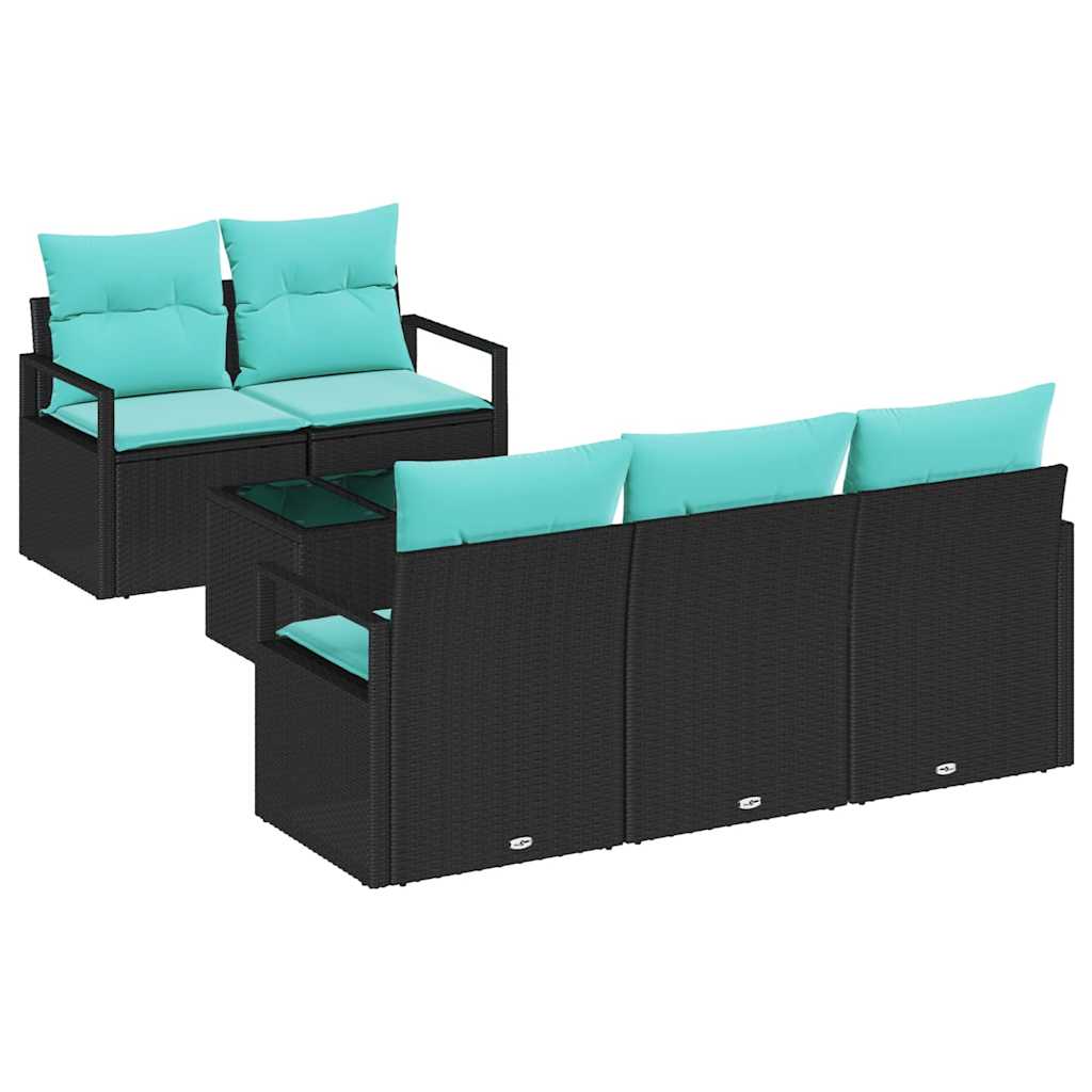 Sofa Set mit Kissen 6 pcs Schwarz und Türkis Poly Rattan