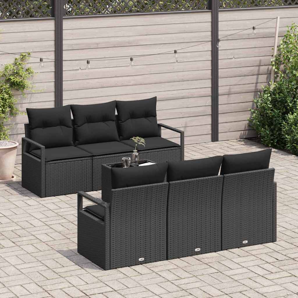 Sofa Set mit Kissen 7 pcs Schwarz Poly Rattan