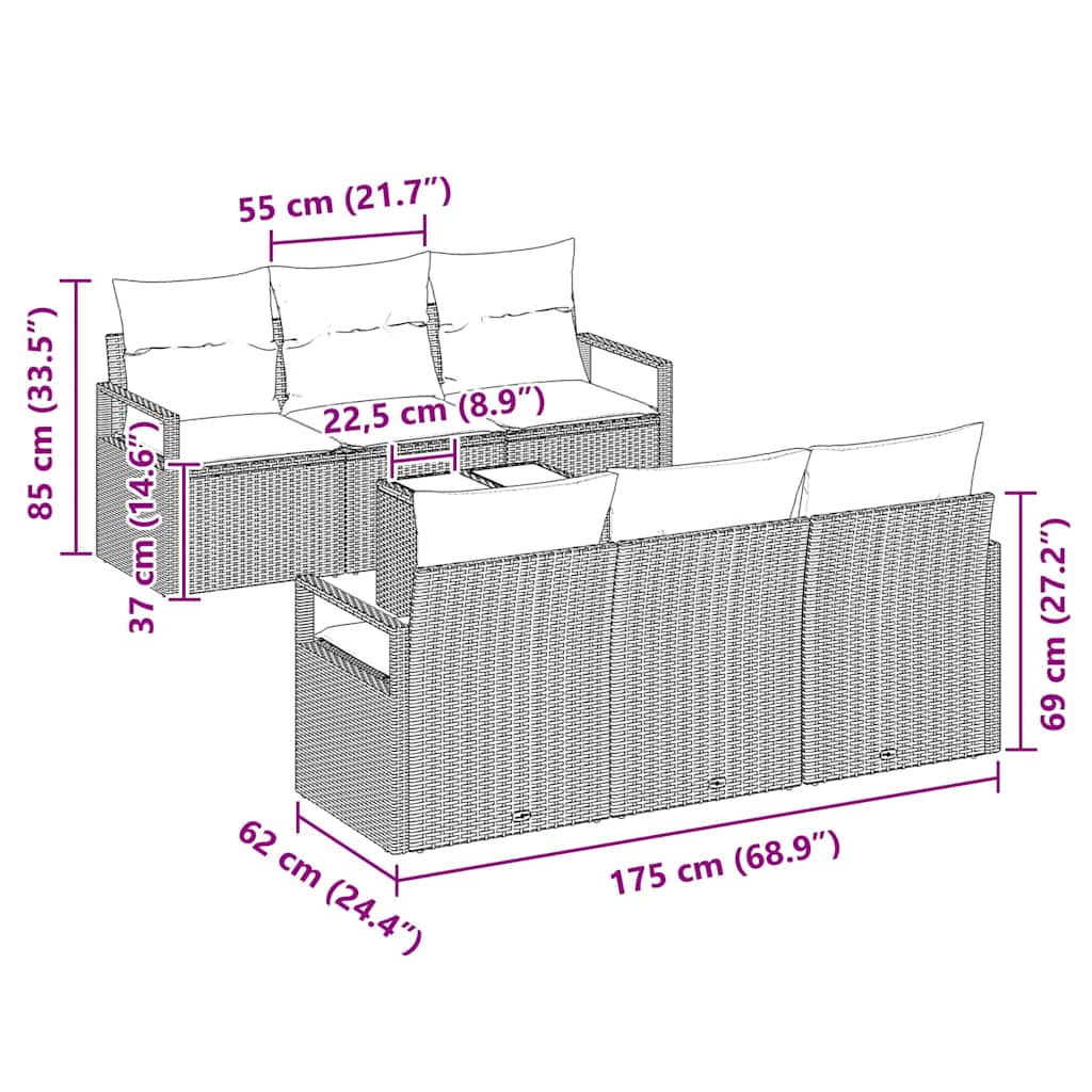 Sofa Set mit Kissen 7 pcs Schwarz Poly Rattan