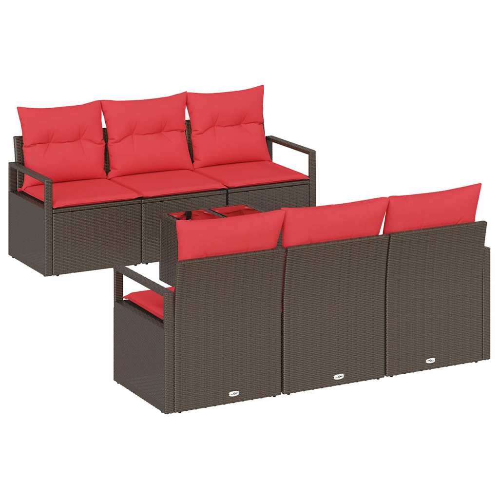 Sofa Set mit Kissen 7 pcs Braun und Rot Poly Rattan