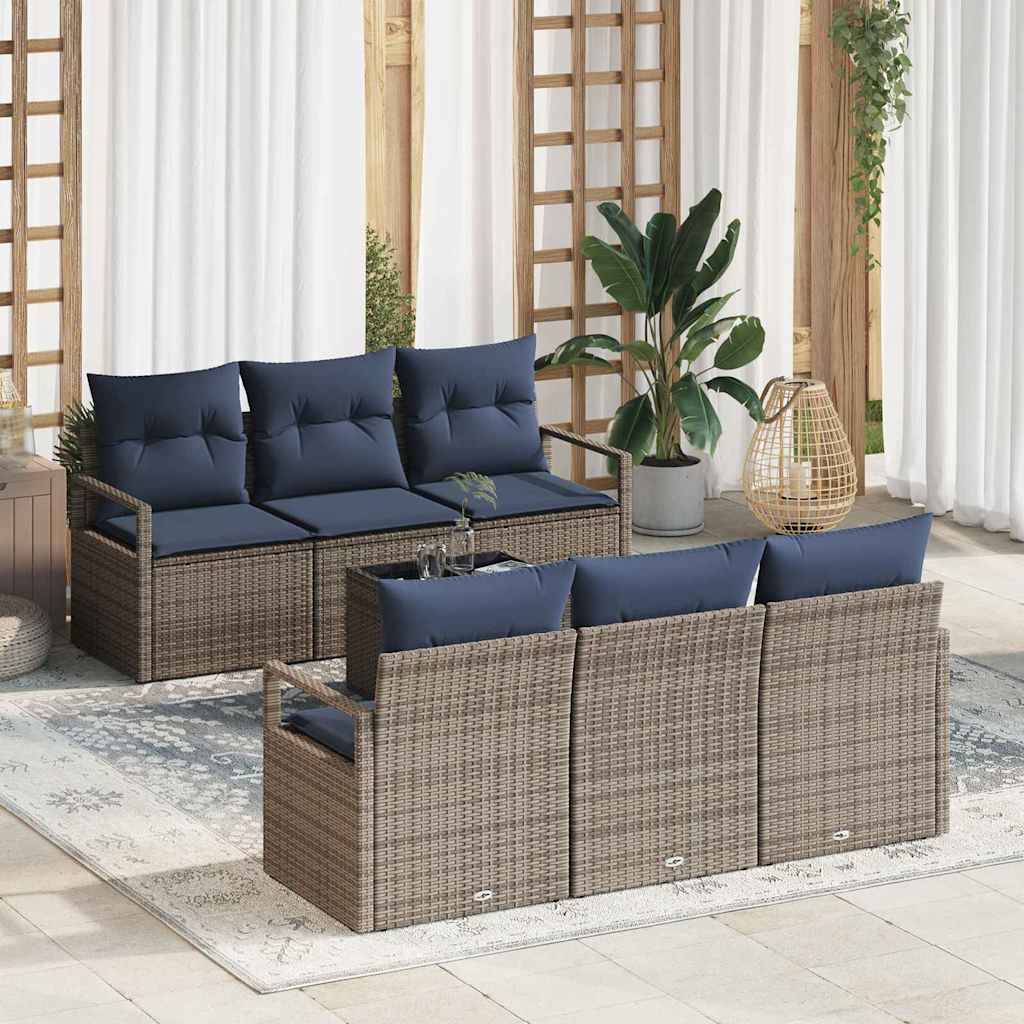 Sofa Set mit Kissen 7 pcs Grau und Marineblau Poly Rattan