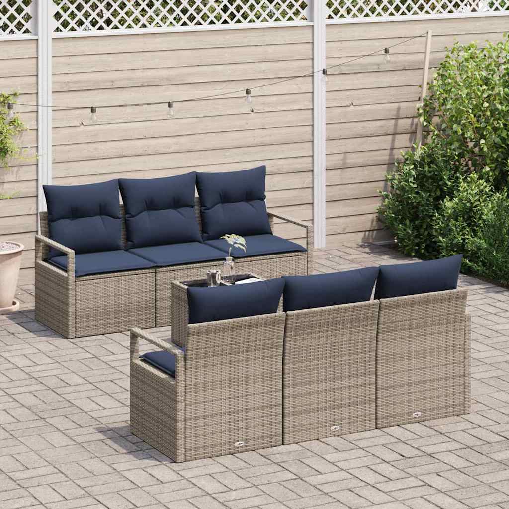 Sofa Set mit Kissen 7 pcs Grau und Marineblau Poly Rattan