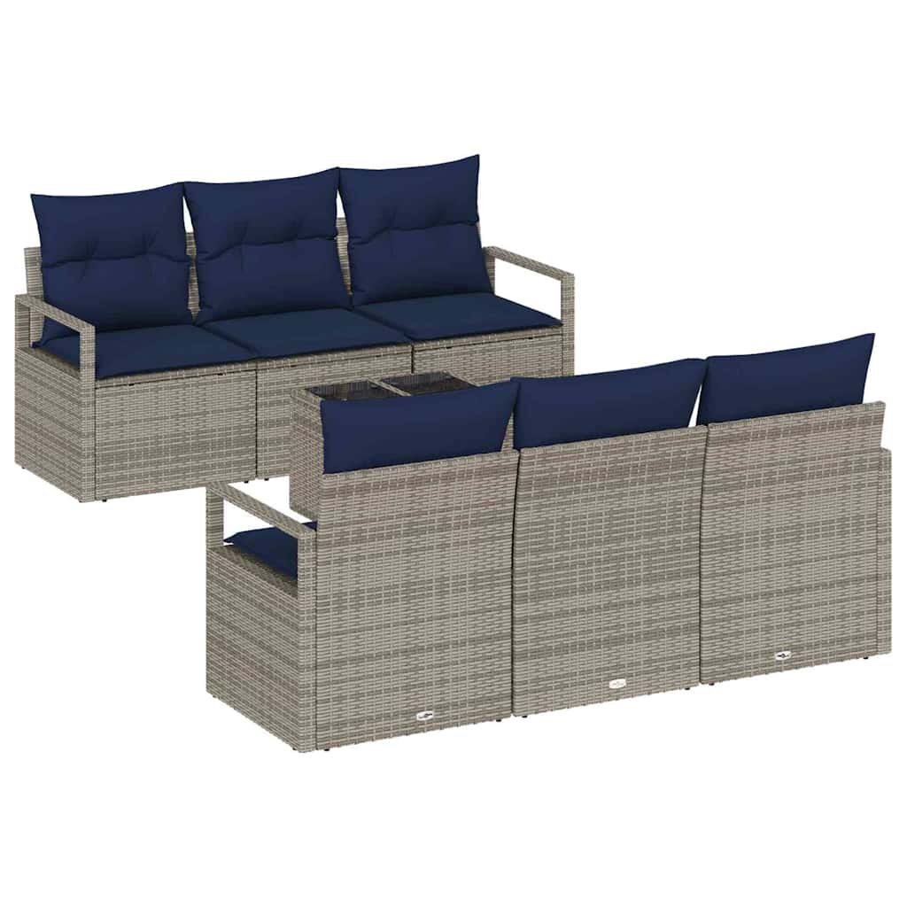 Sofa Set mit Kissen 7 pcs Grau und Marineblau Poly Rattan