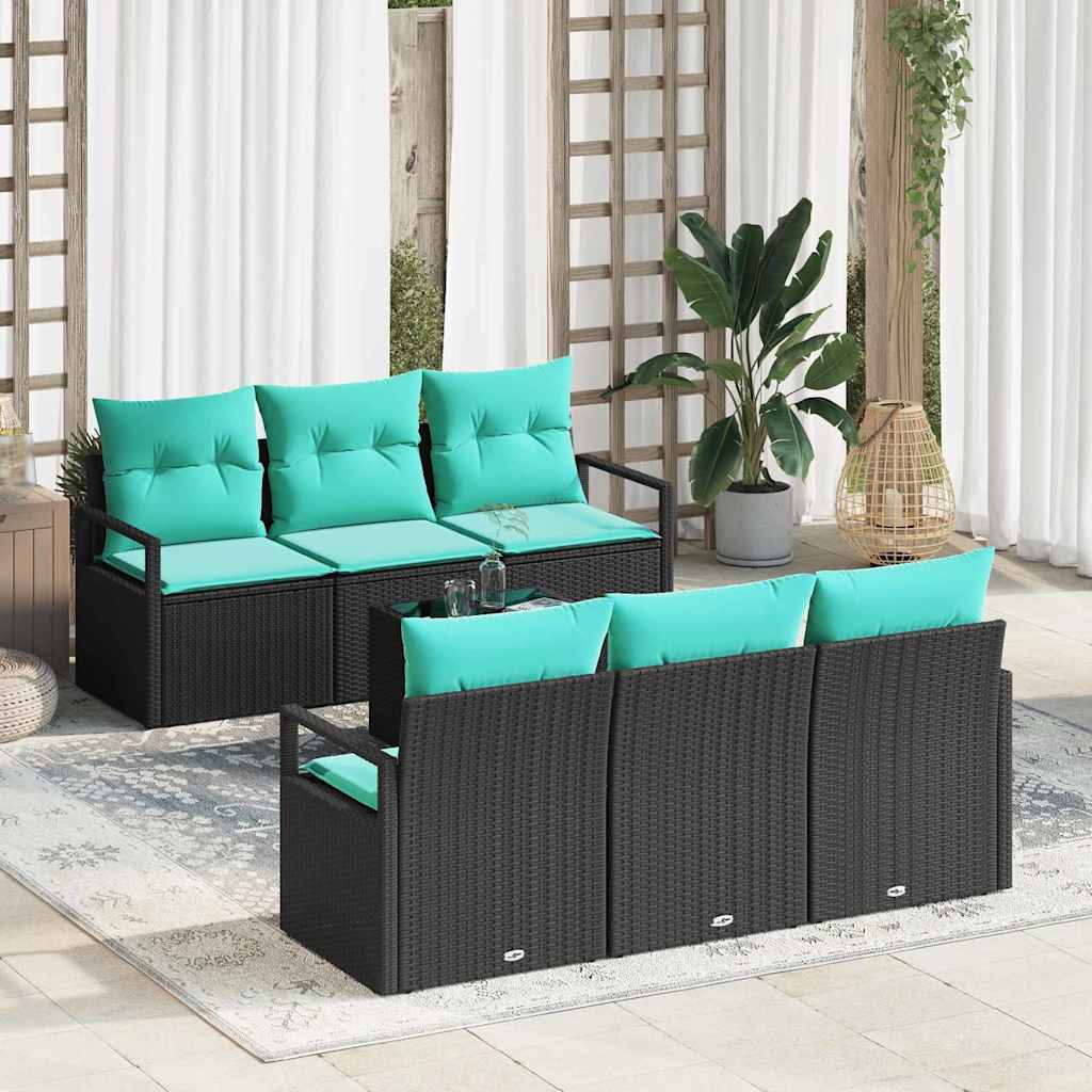 Sofa Set mit Kissen 7 pcs Schwarz und Türkis Poly Rattan