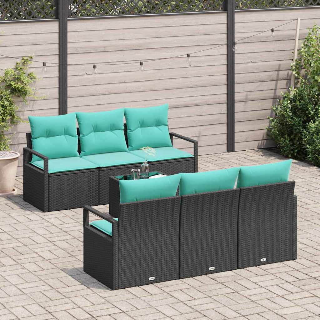 Sofa Set mit Kissen 7 pcs Schwarz und Türkis Poly Rattan