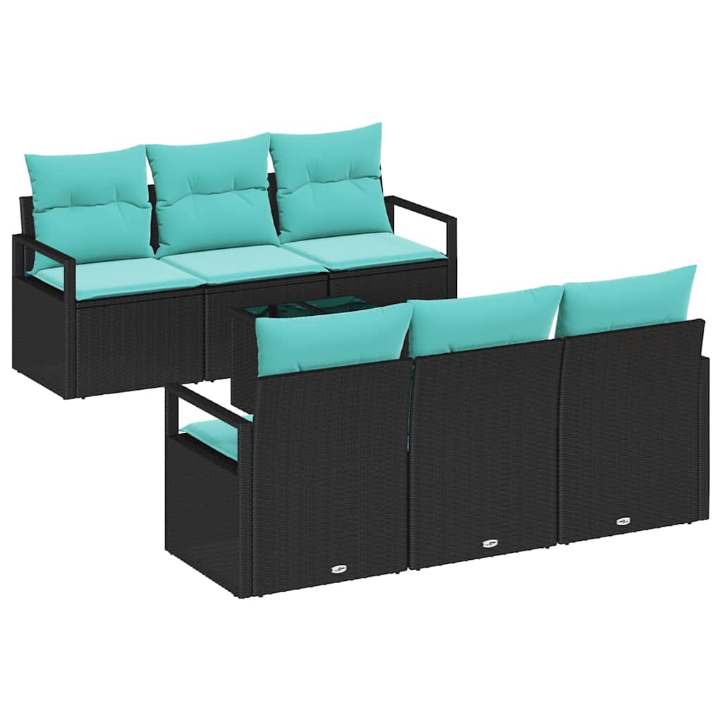 Sofa Set mit Kissen 7 pcs Schwarz und Türkis Poly Rattan