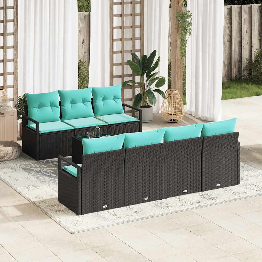 Sofa Set mit Kissen 8 pcs Schwarz und Türkis Poly Rattan