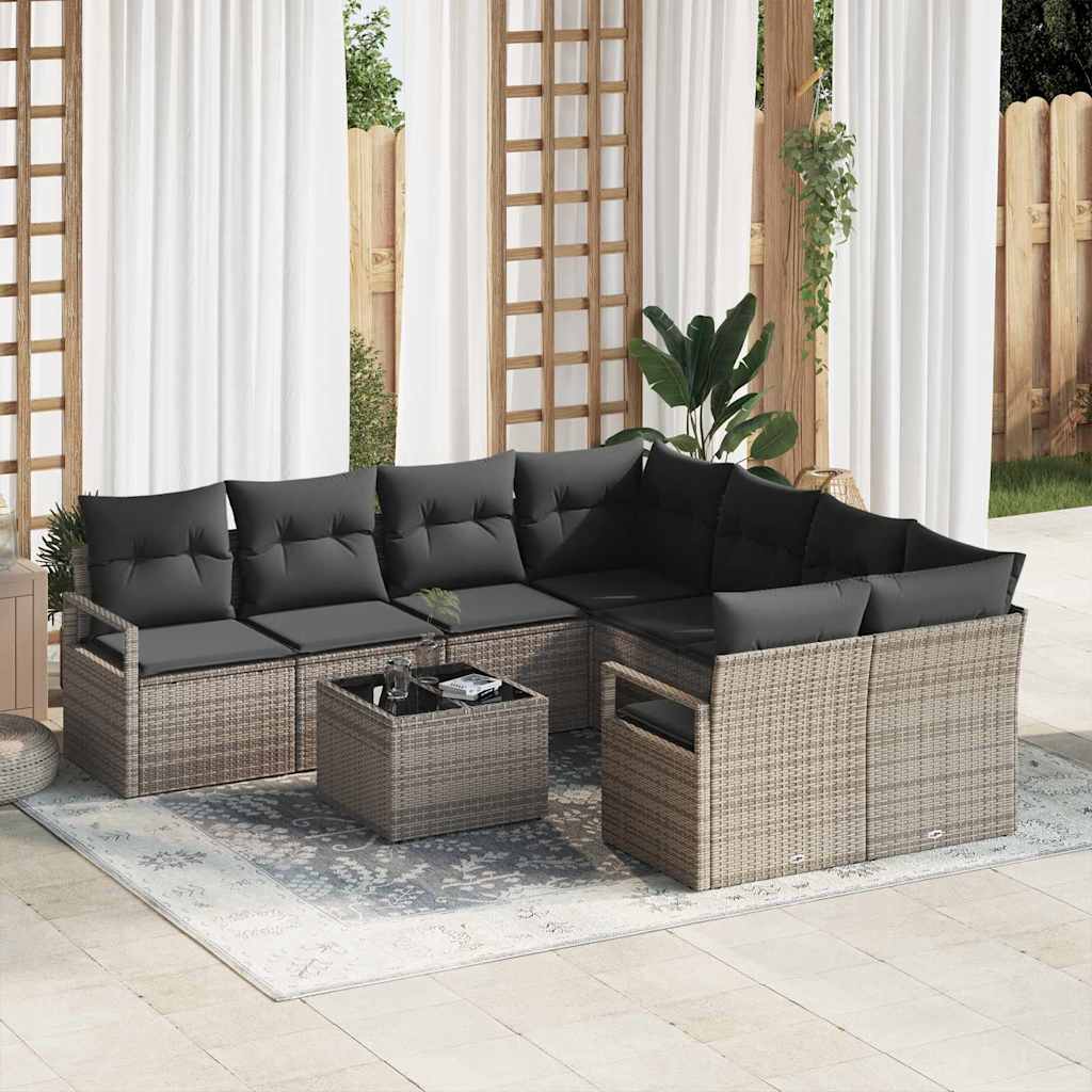 Sofa Set mit Kissen 9 pcs Grau Poly Rattan