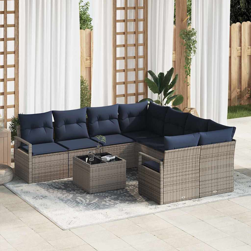 Sofa Set mit Kissen 9 pcs Grau und Marineblau Poly Rattan