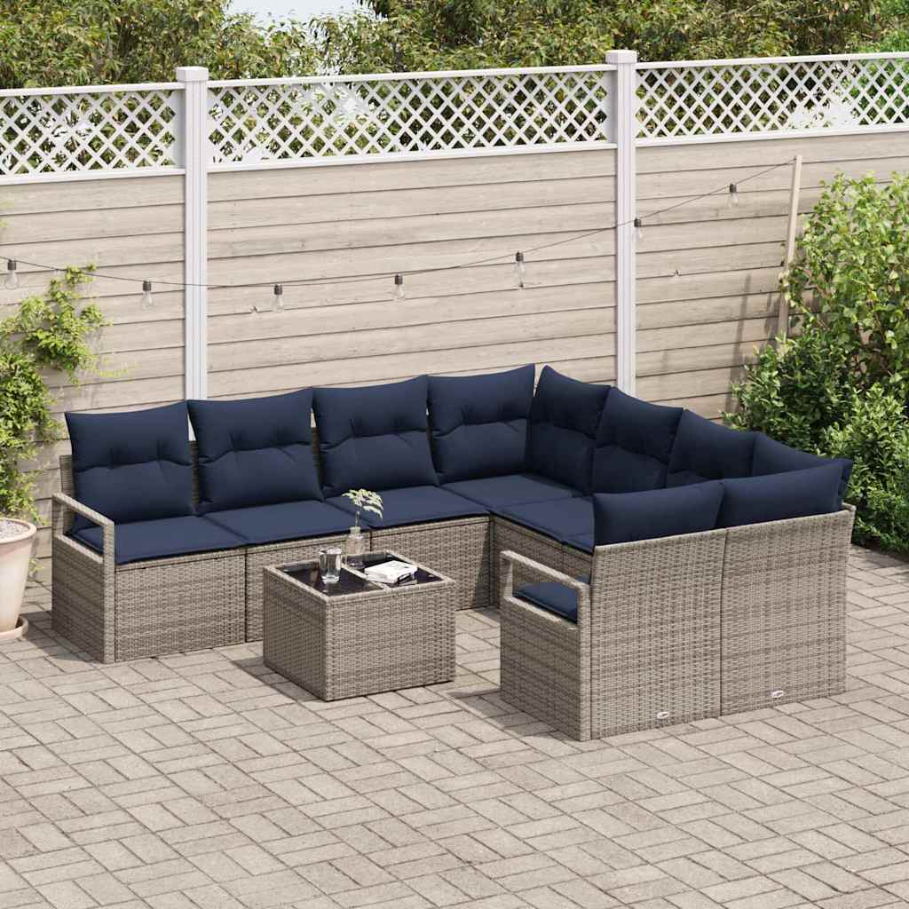 Sofa Set mit Kissen 9 pcs Grau und Marineblau Poly Rattan