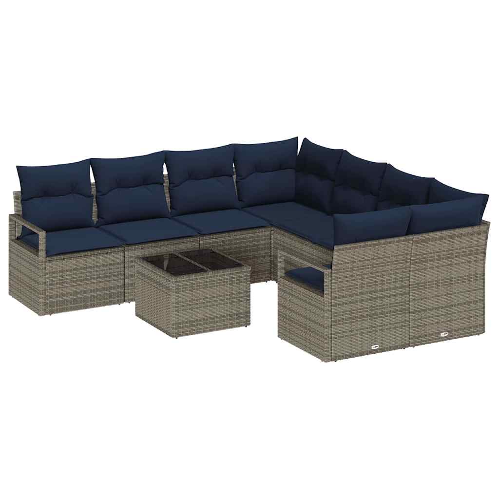 Sofa Set mit Kissen 9 pcs Grau und Marineblau Poly Rattan