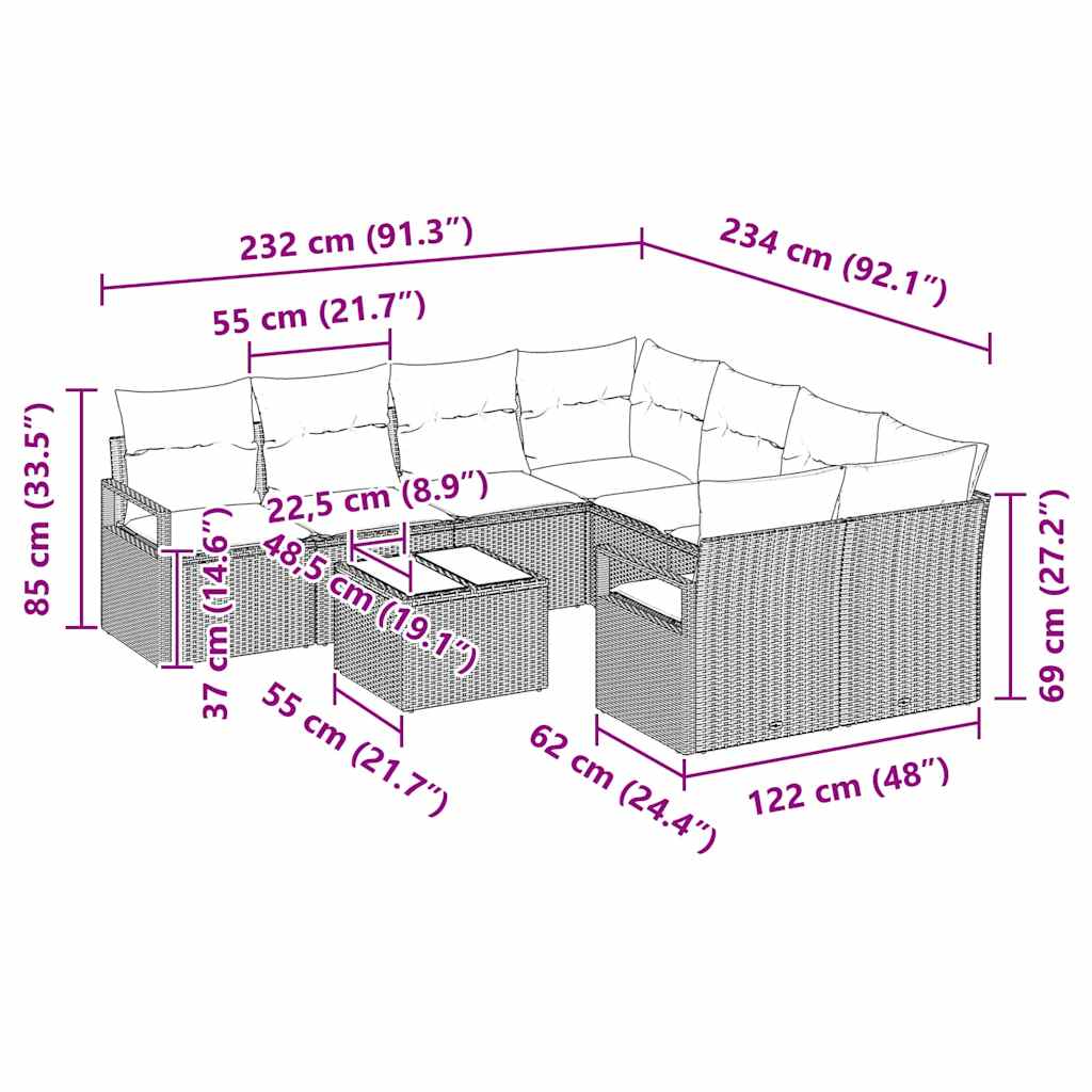 Sofa Set mit Kissen 9 pcs Schwarz und Türkis Poly Rattan