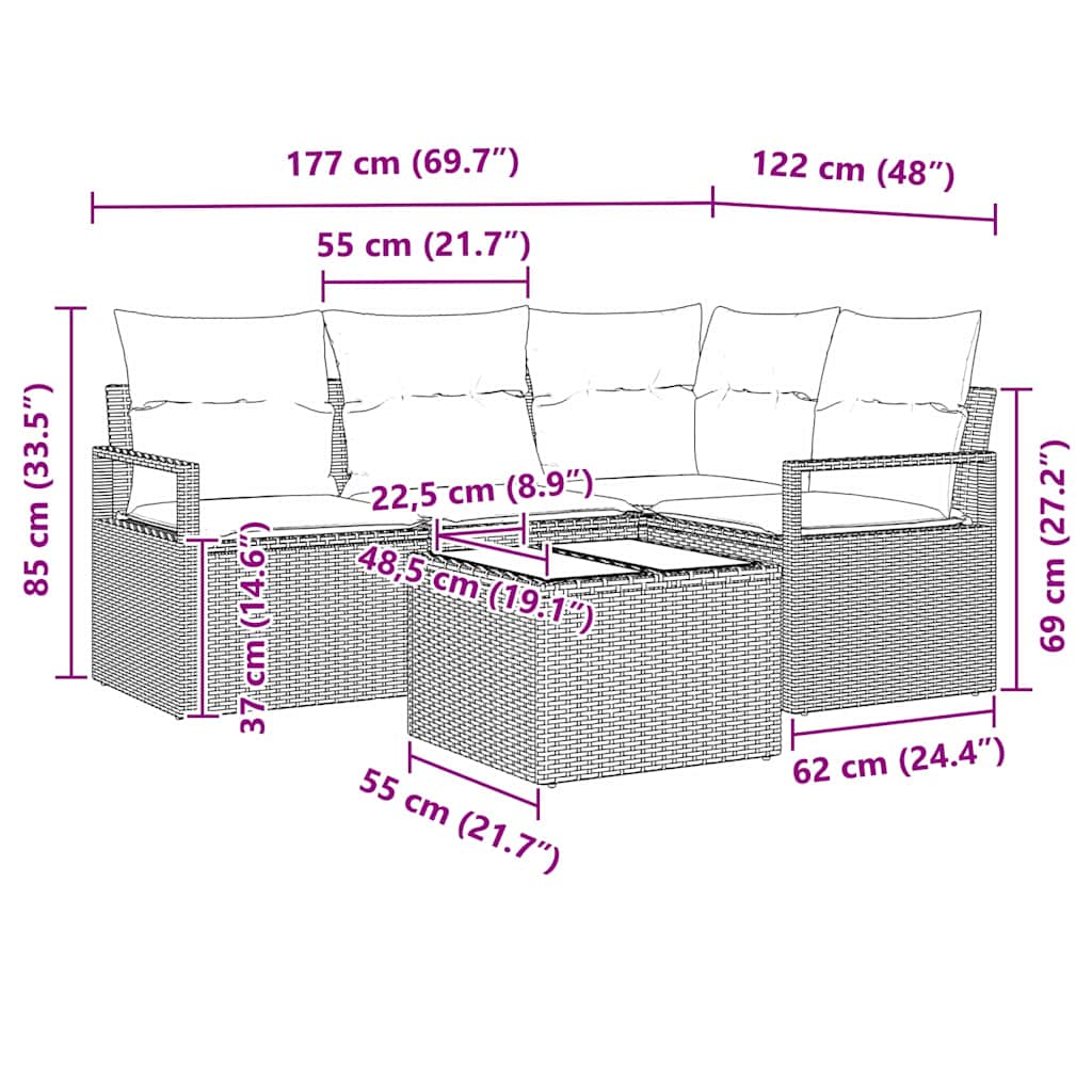 Sofa Set 5 pcs Hellgrau Poly-Rattan
