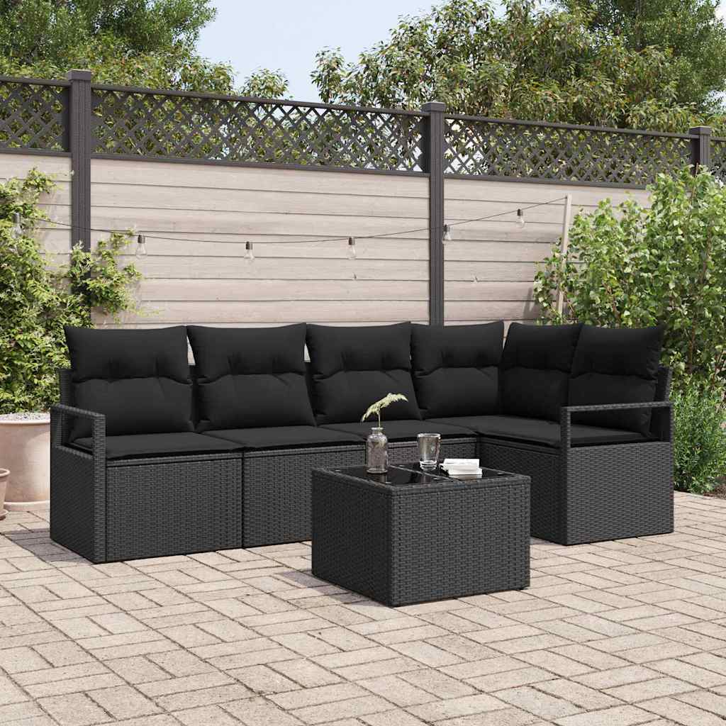 Sofa Set mit Kissen 6 pcs Schwarz Poly Rattan