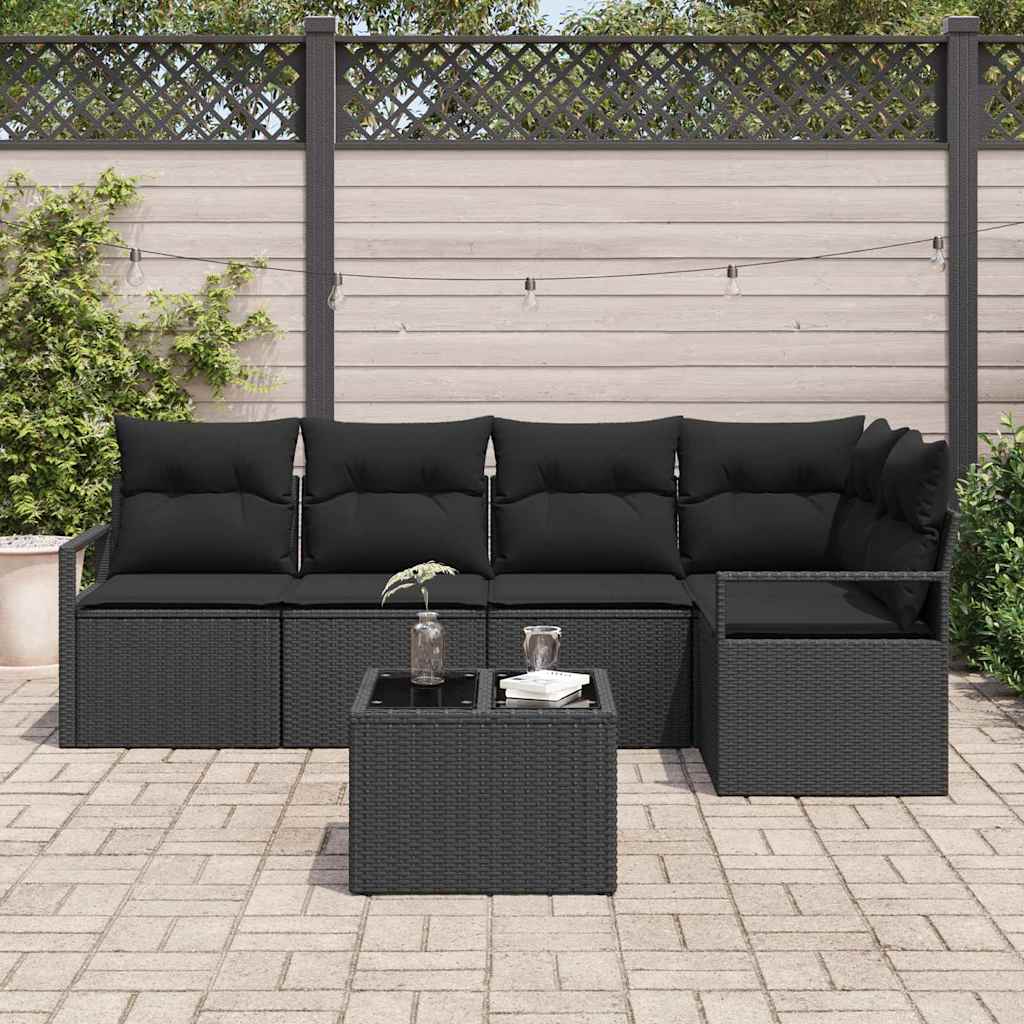 Sofa Set mit Kissen 6 pcs Schwarz Poly Rattan