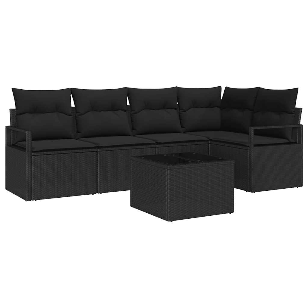 Sofa Set mit Kissen 6 pcs Schwarz Poly Rattan