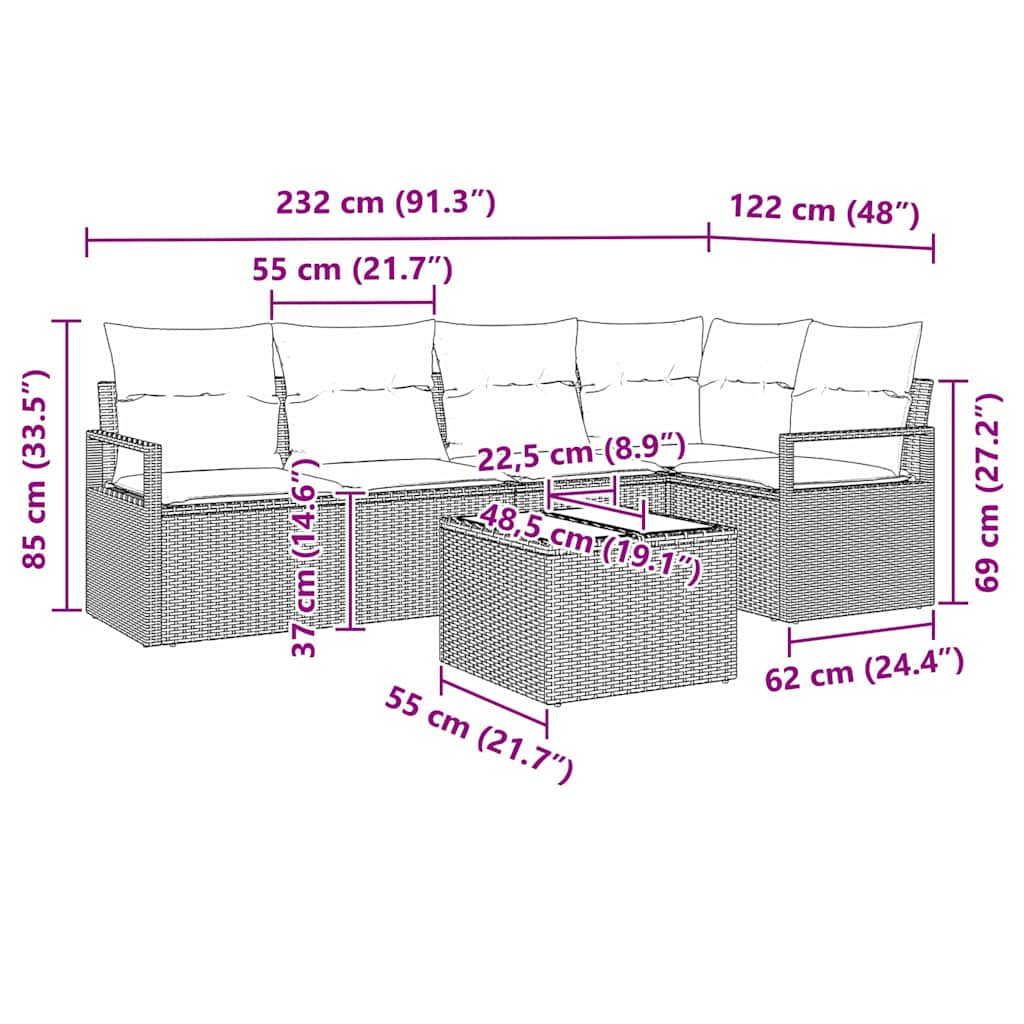 Sofa Set mit Kissen 6 pcs Schwarz Poly Rattan