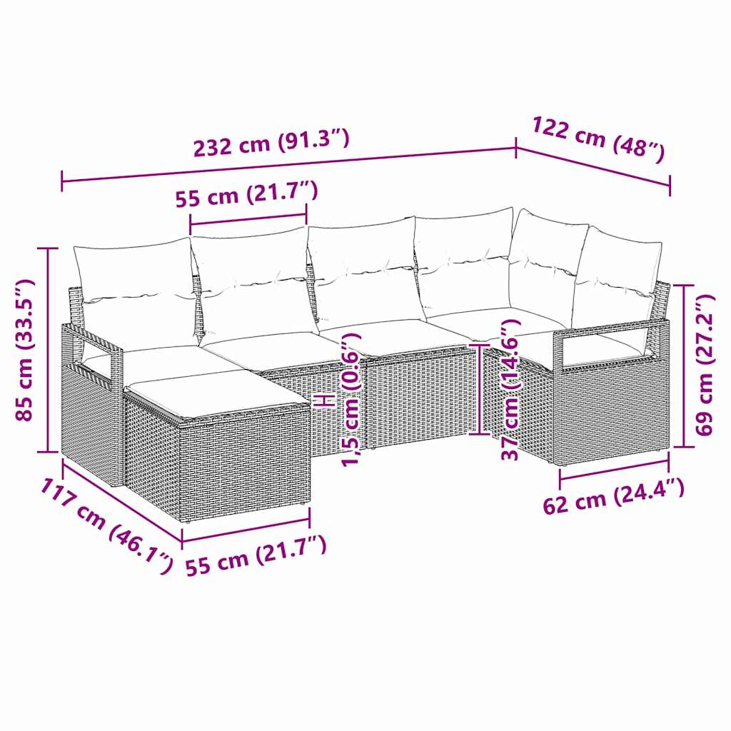 Sofa Set 6 pcs Hellgrau Poly-Rattan