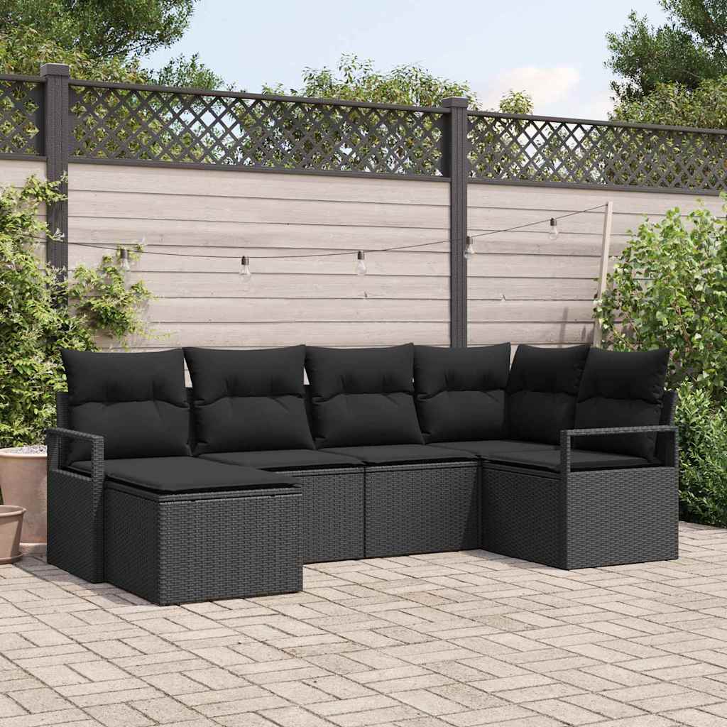 Sofa Set mit Kissen 6 pcs Schwarz Poly Rattan