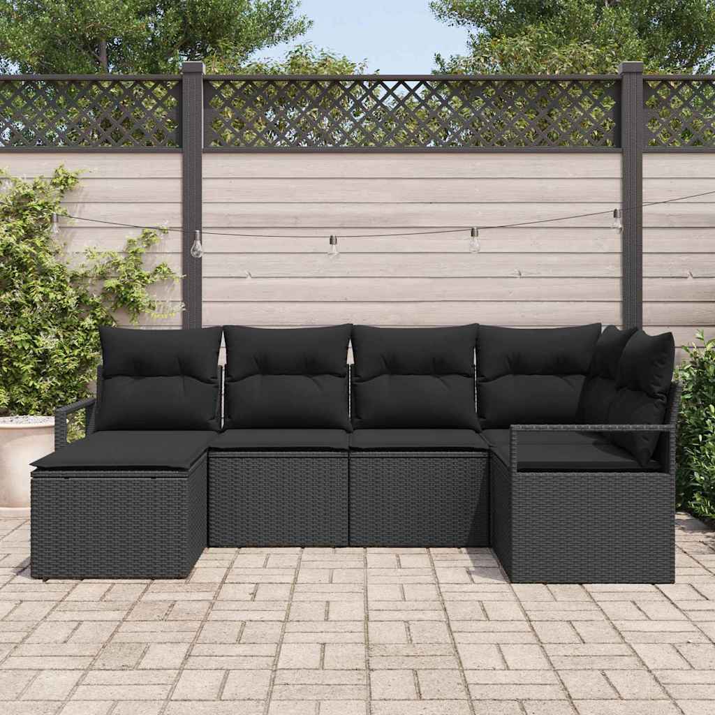 Sofa Set mit Kissen 6 pcs Schwarz Poly Rattan