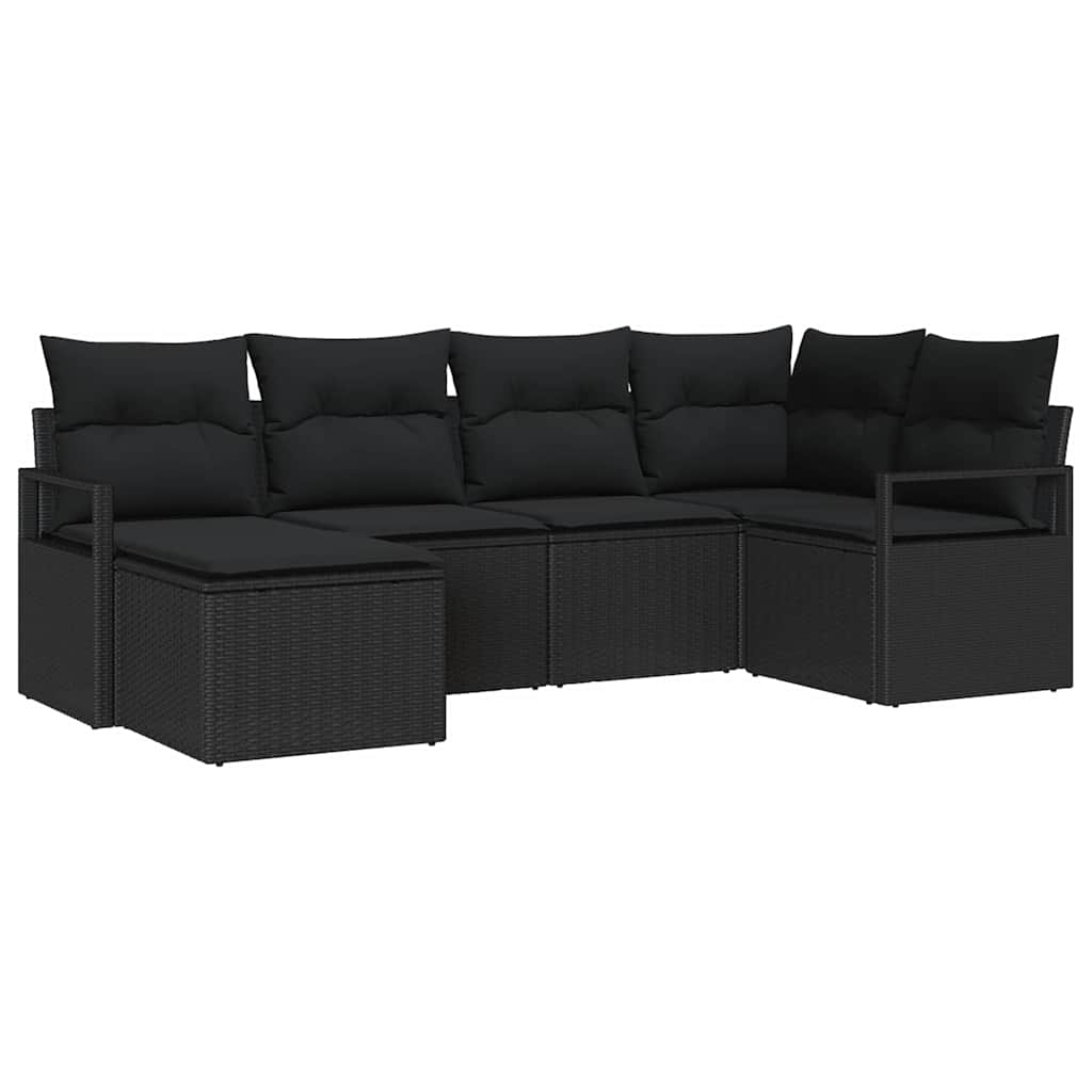 Sofa Set mit Kissen 6 pcs Schwarz Poly Rattan