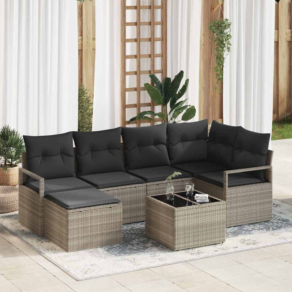 Sofa Set 7 pcs Hellgrau Poly-Rattan