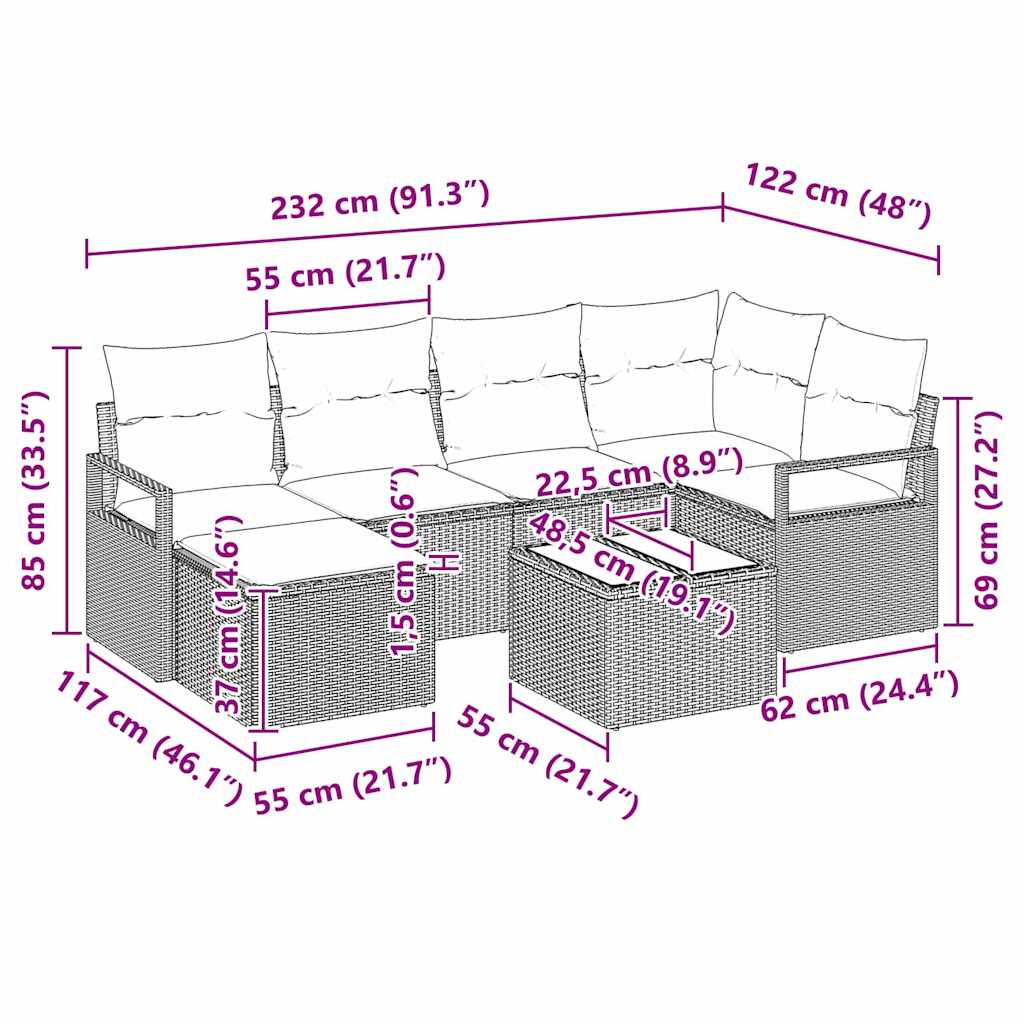 Sofa Set 7 pcs Hellgrau Poly-Rattan