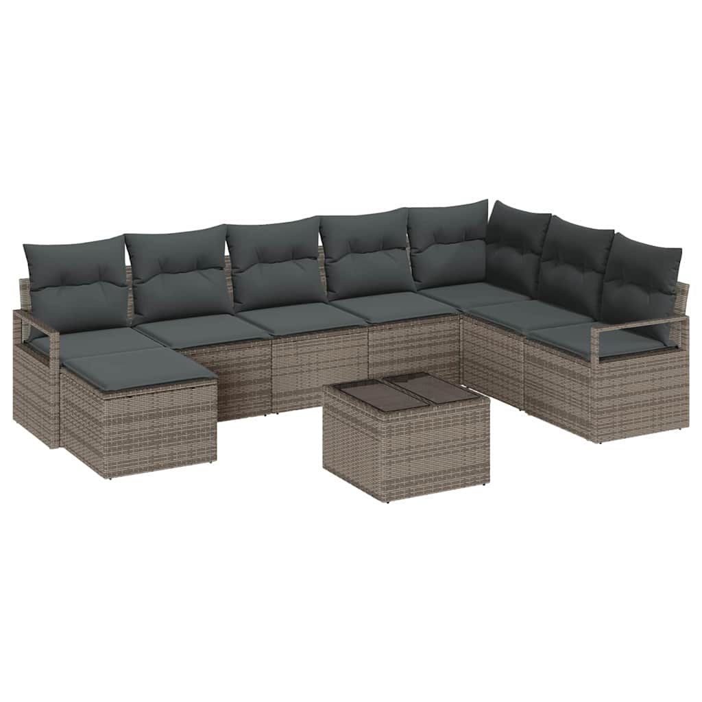 Sofa Set mit Kissen 9 pcs Grau Poly Rattan