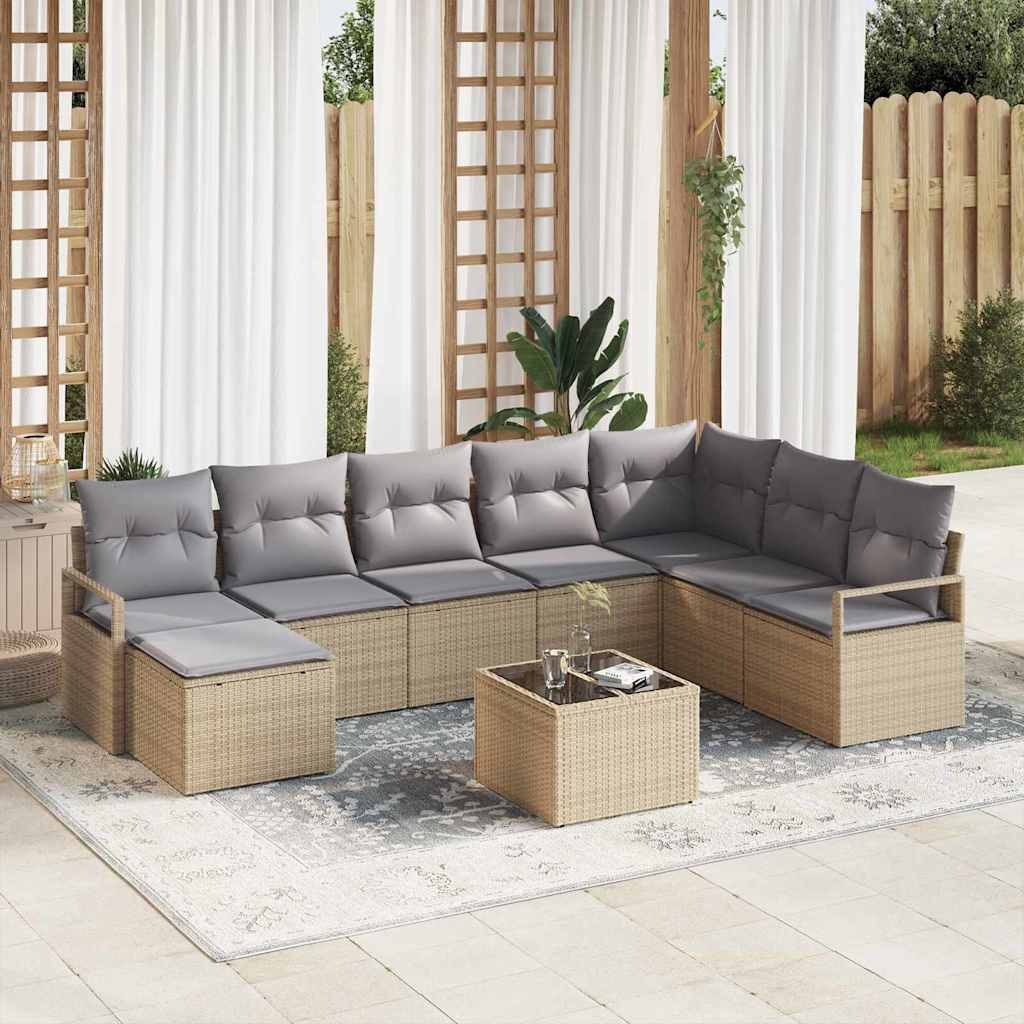 Sofa Set mit Kissen 9 pcs Beige Poly Rattan