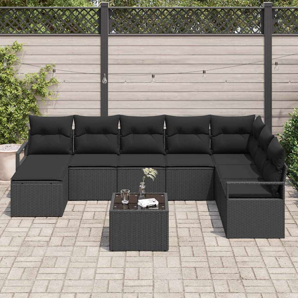 Sofa Set mit Kissen 9 pcs Schwarz Poly Rattan