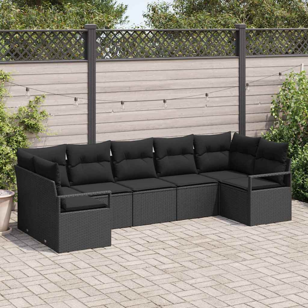 Sofa Set mit Kissen 7 pcs Schwarz Poly Rattan