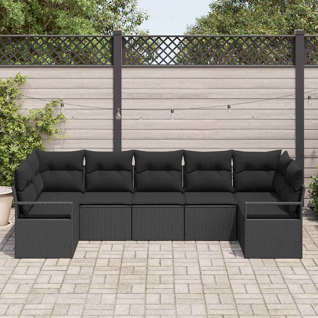 Sofa Set mit Kissen 7 pcs Schwarz Poly Rattan