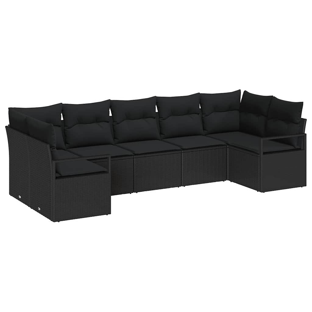 Sofa Set mit Kissen 7 pcs Schwarz Poly Rattan