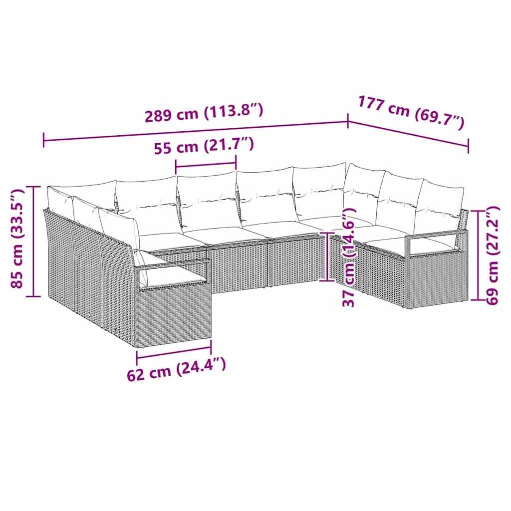 Sofa Set mit Kissen 9 pcs Grau Poly Rattan