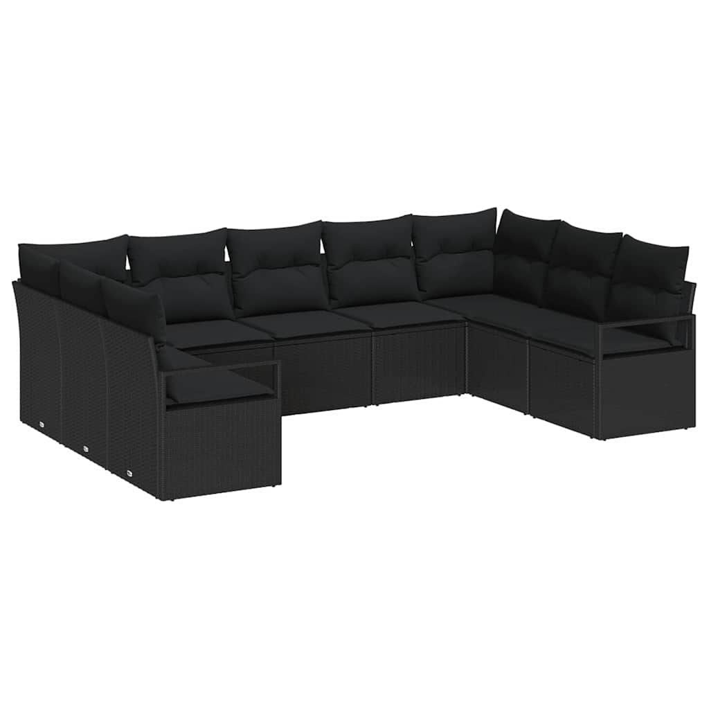 Sofa Set mit Kissen 9 pcs Schwarz Poly Rattan