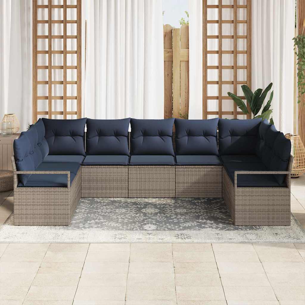 Sofa Set mit Kissen 9 pcs Grau Poly-Rattan