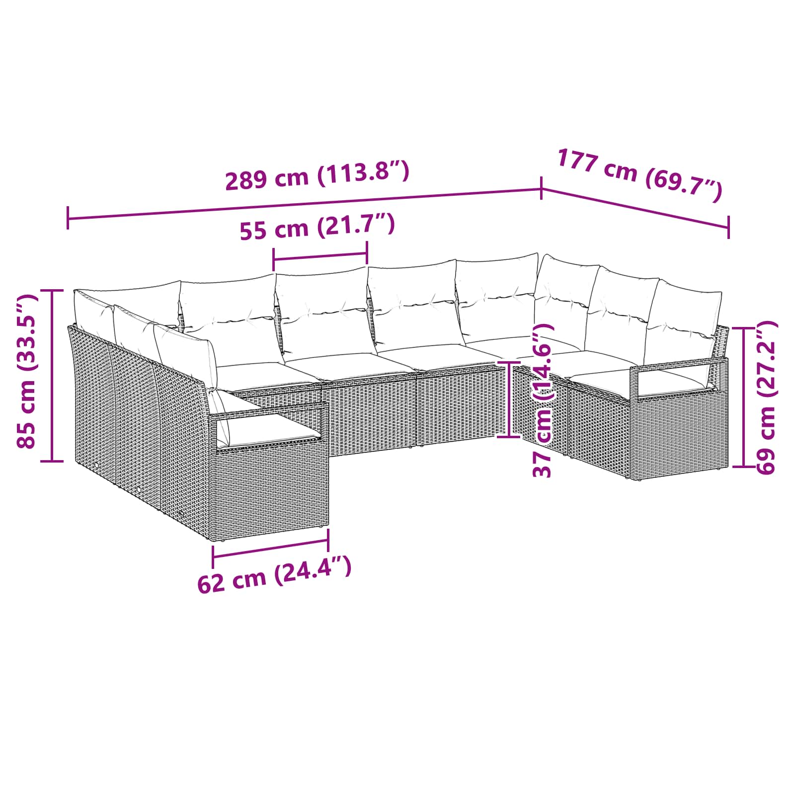 Sofa Set mit Kissen 9 pcs Grau Poly-Rattan