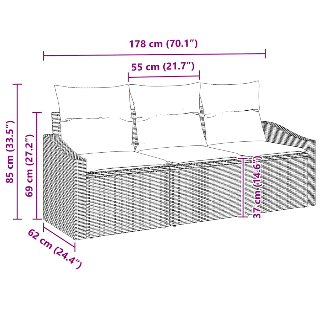 Sofa Set mit Kissen 3 pcs Braun Poly-Rattan