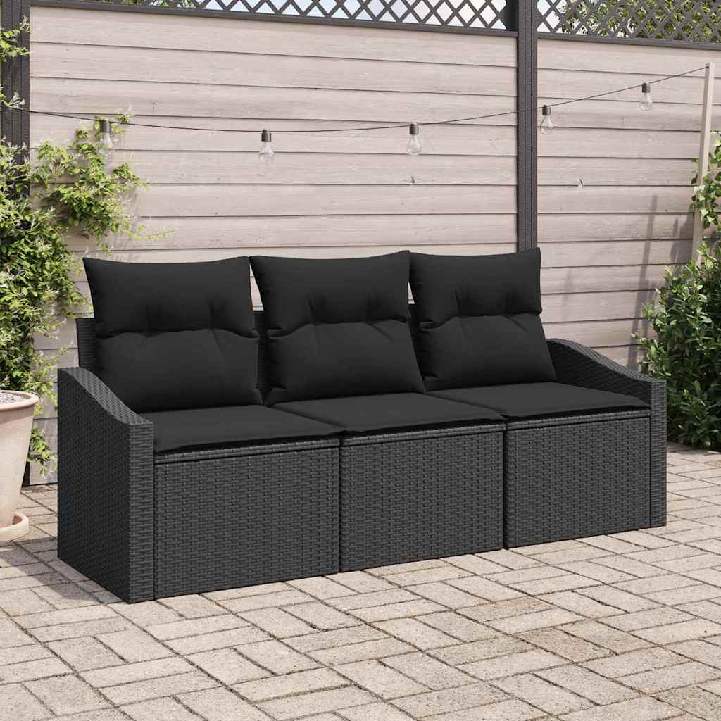 Sofa Set mit Kissen 3 pcs Schwarz Poly Rattan