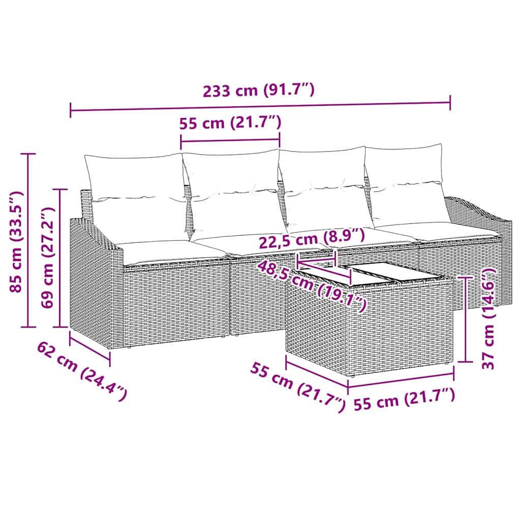 Sofa Set mit Kissen mit Kissen 5 pcs Hellgrau Poly Rattan
