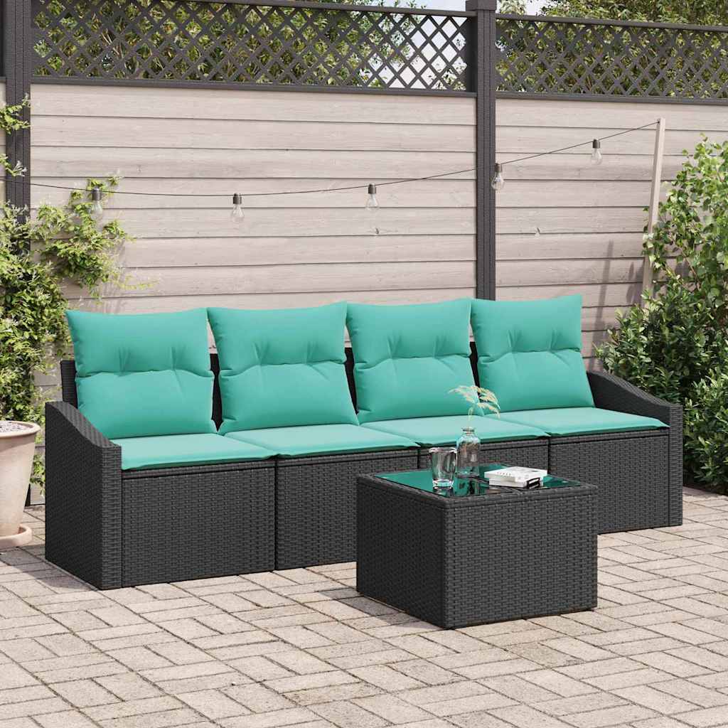 Sofa Set mit Kissen 5 pcs Schwarz und Türkis Poly Rattan
