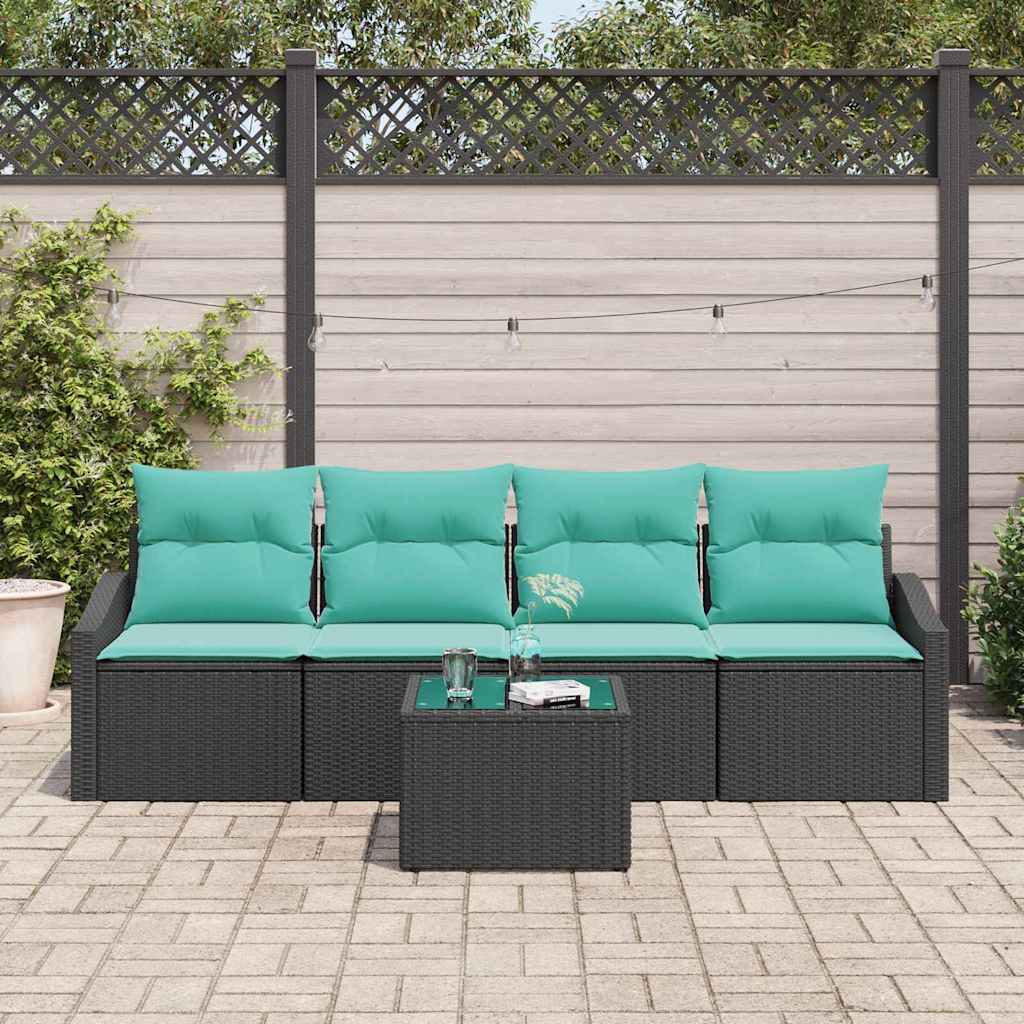 Sofa Set mit Kissen 5 pcs Schwarz und Türkis Poly Rattan