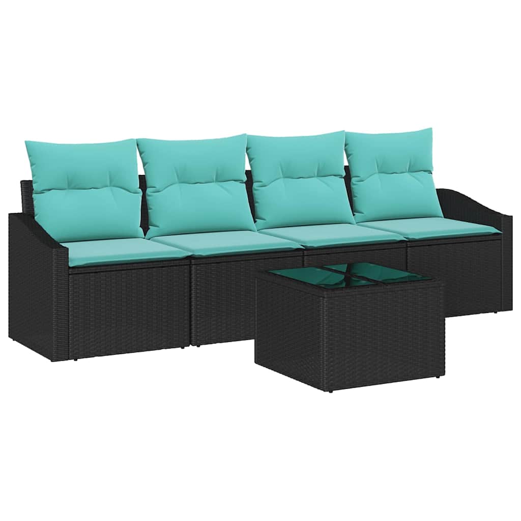 Sofa Set mit Kissen 5 pcs Schwarz und Türkis Poly Rattan