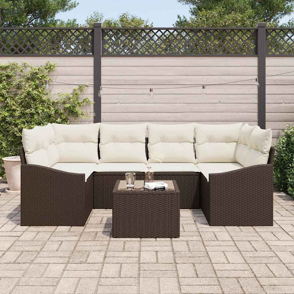 Sofa Set mit Kissen 7 pcs Braun und Creme Poly-Rattan