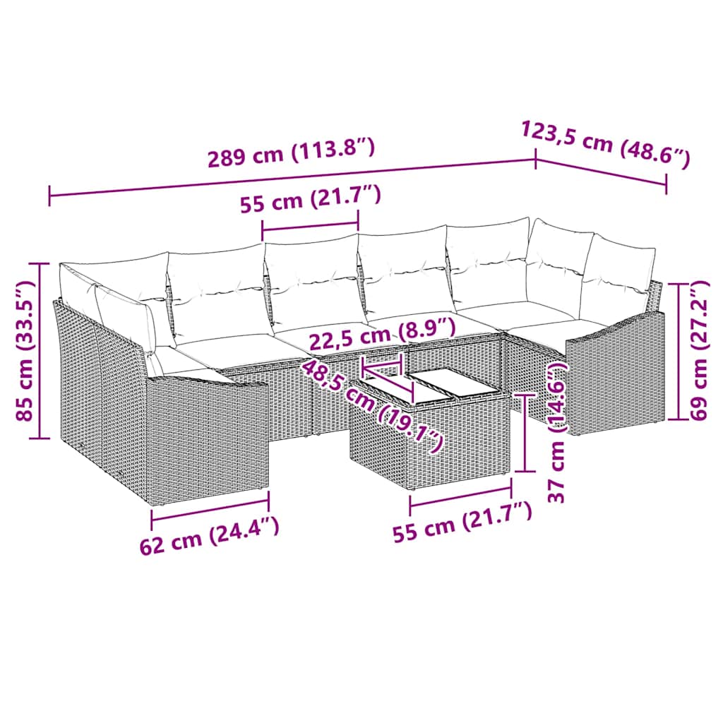 Sofa Set mit Kissen Hellgrau 55 x 55 x 37 cm Poly Rattan