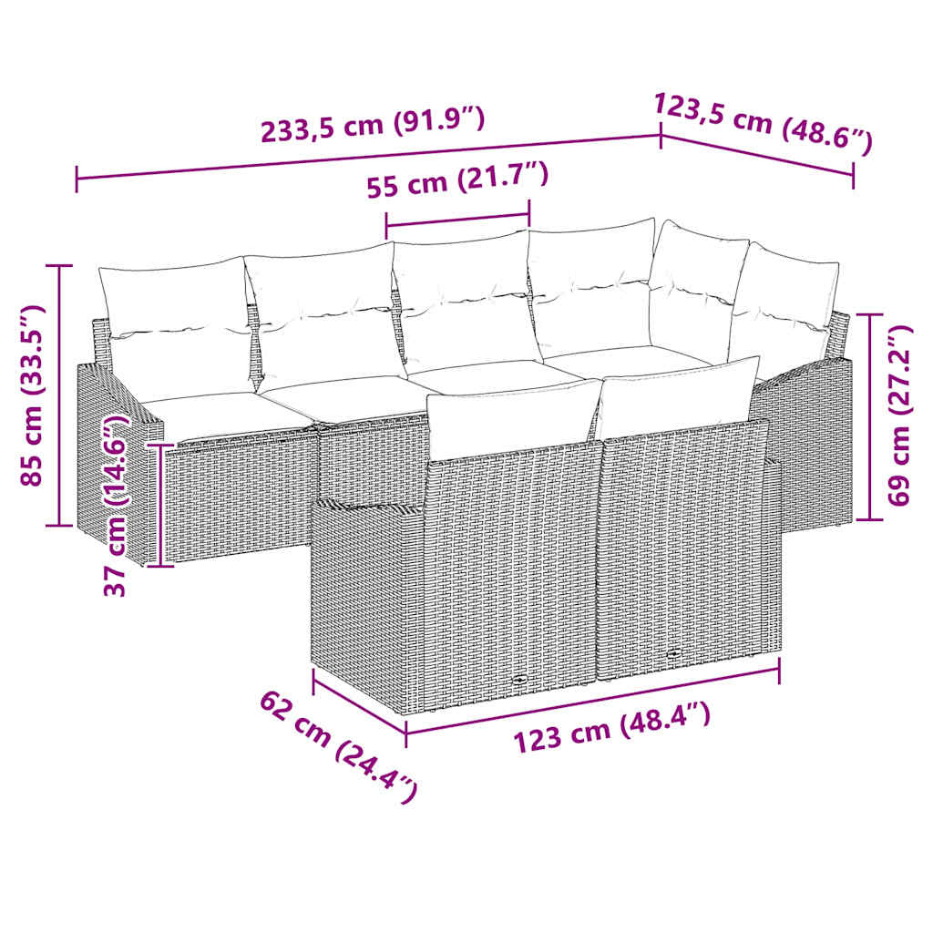 Sofa Set mit Kissen 7 pcs Braun Poly Rattan