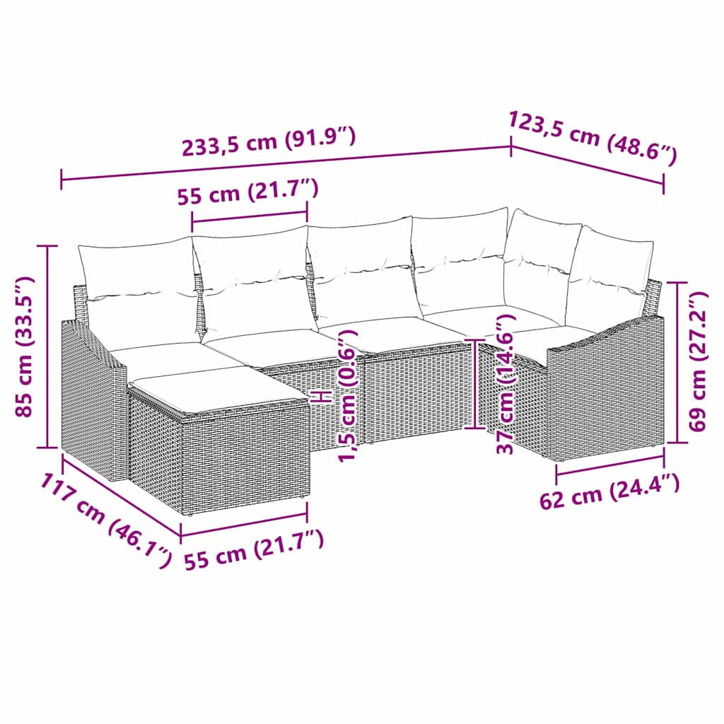 Sofa Set mit Kissen 6 pcs Braun Poly-Rattan
