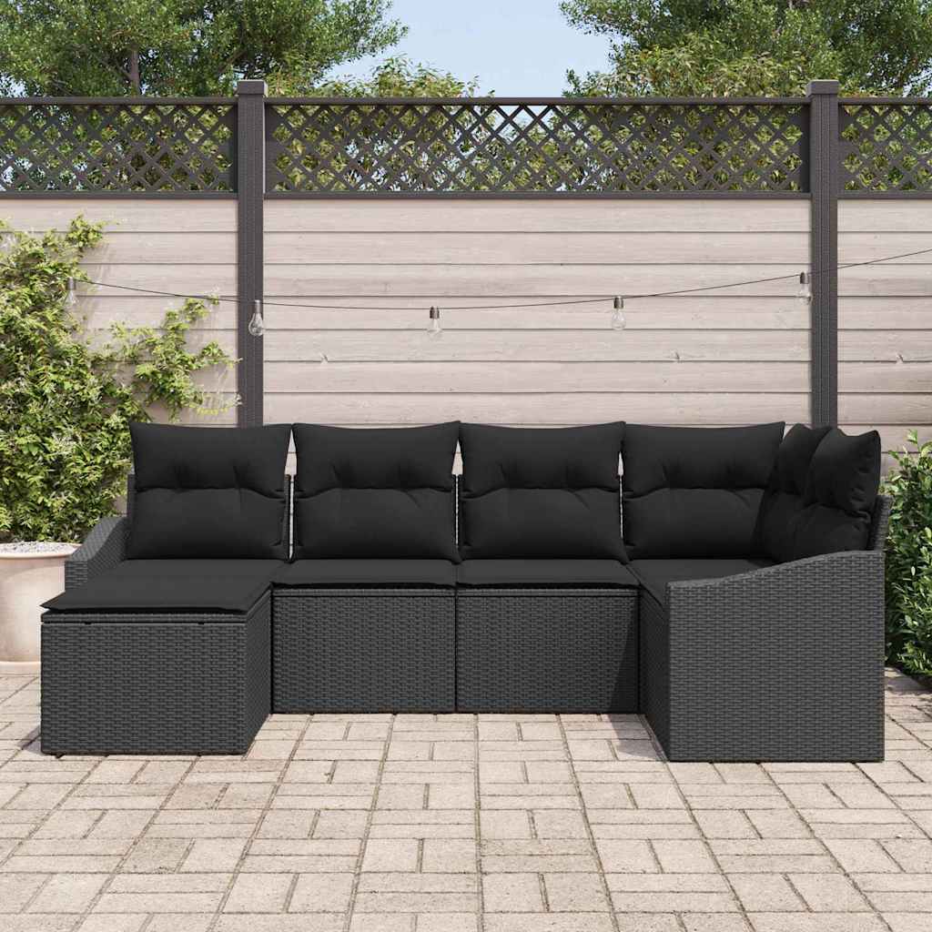 Sofa Set mit Kissen 6 pcs Schwarz Poly-Rattan