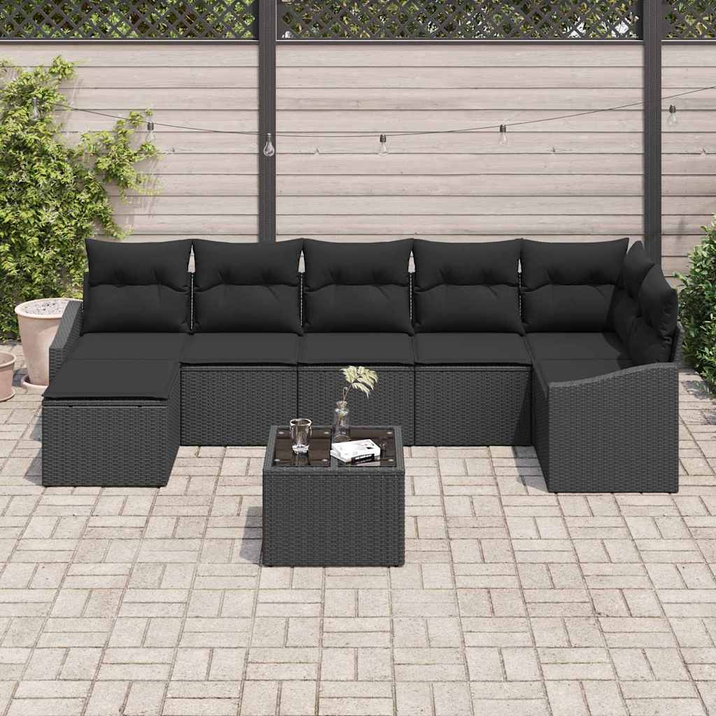Sofa Set mit Kissen 8 pcs Schwarz Poly Rattan